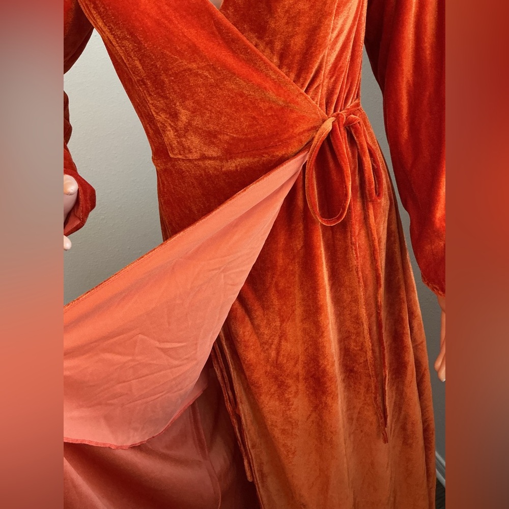 Pomuyoo Velvet Wrap Maxi Dress Burnt Orange Long Sleeve Size 6 - Picture 3 of 12
